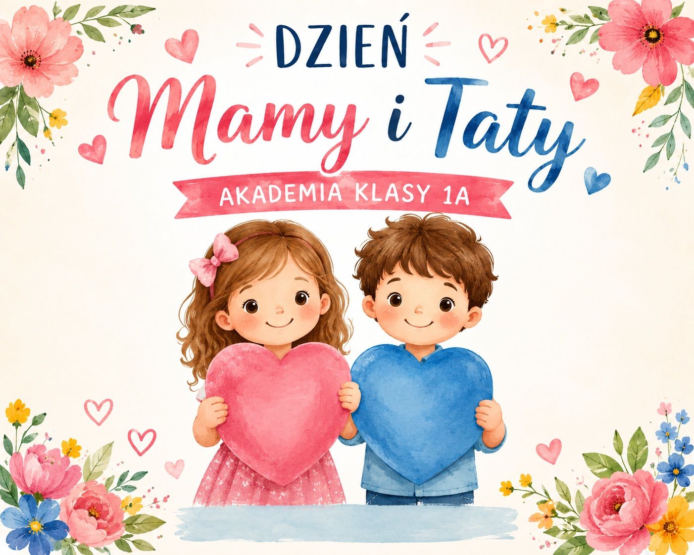 Baner Dzień mamy i&nbsp;taty, rysunek dziewczynki i&nbsp;chłopca trzymających serca w&nbsp;dłoniach