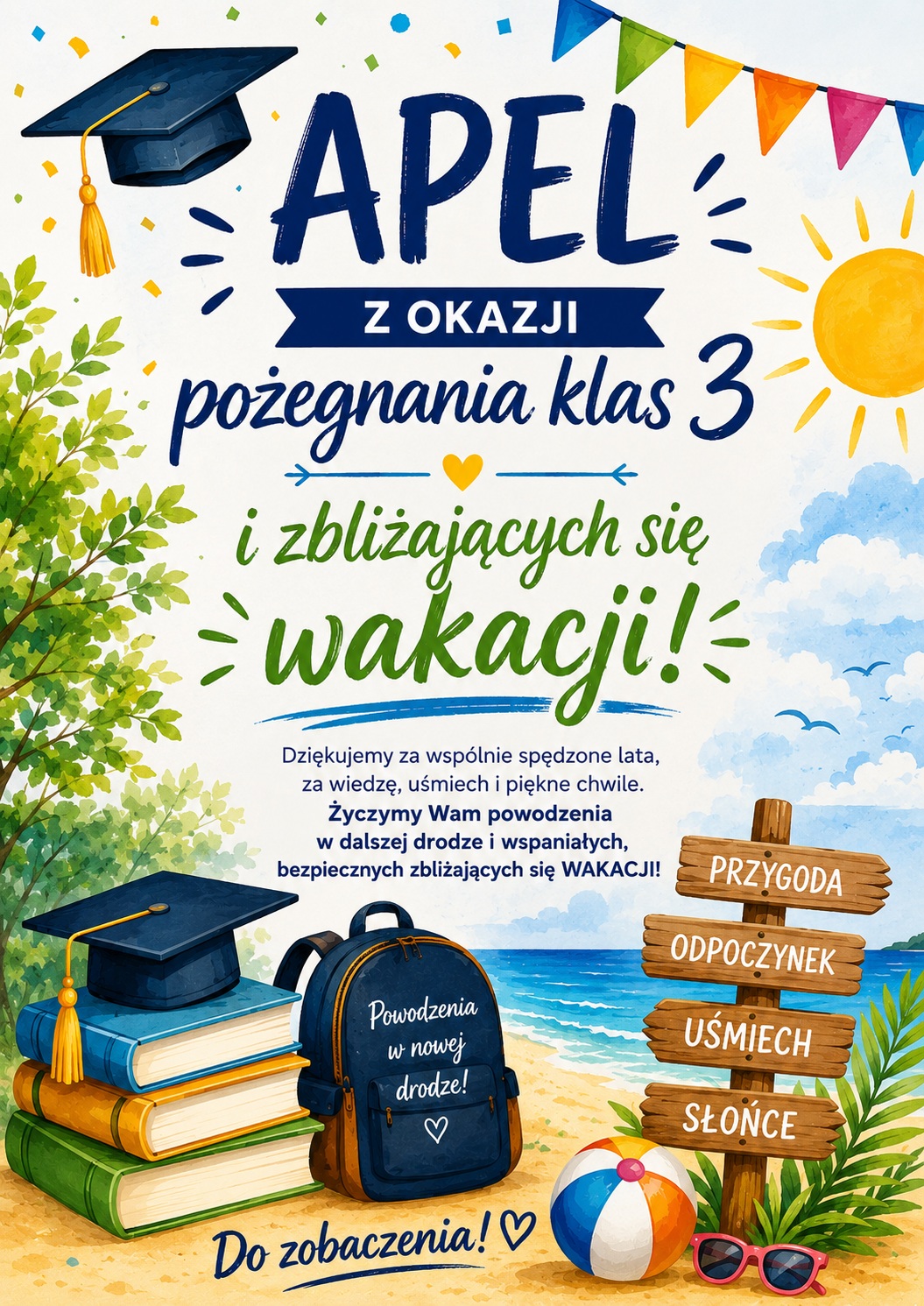 Plakat o&nbsp;szczeg&oacute;łach apelu klas 3 o&nbsp;zbliżających się wakacjach